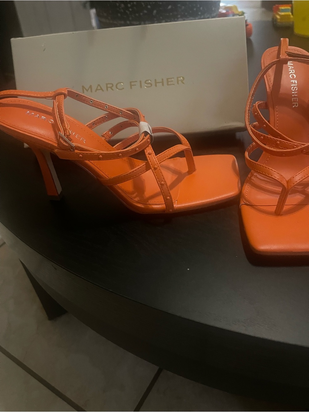 Marc Fisher Bright Orange Strappy Square-Toe Heels - Picture 3 of 3